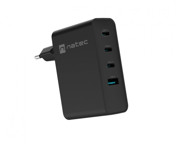 Natec Ribera GaN USB Wall Charger 3x USB-C & 1x USB-A - 100W - Black